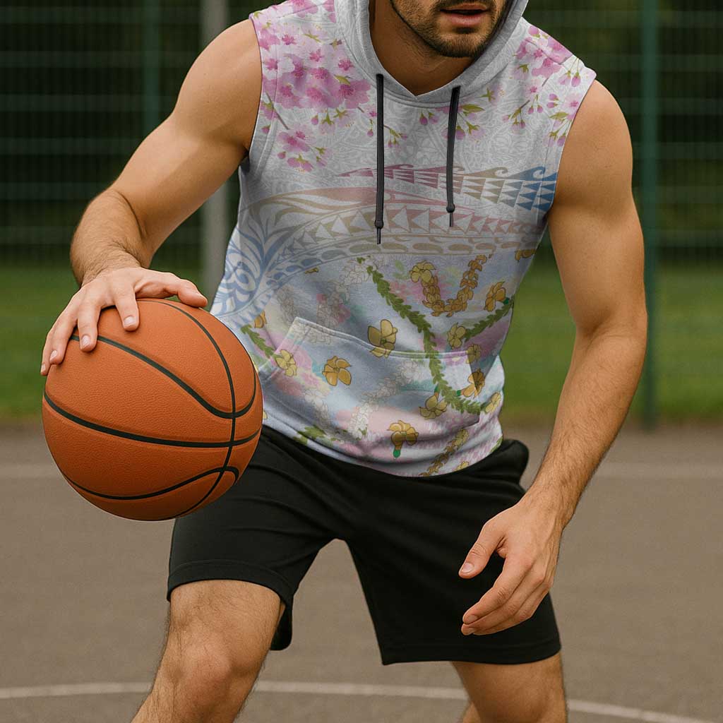 Hawaiian and Japanese Culture Together Sleeveless Hoodie Tribal Motifs with Lei and Japanese Sakura Pattern