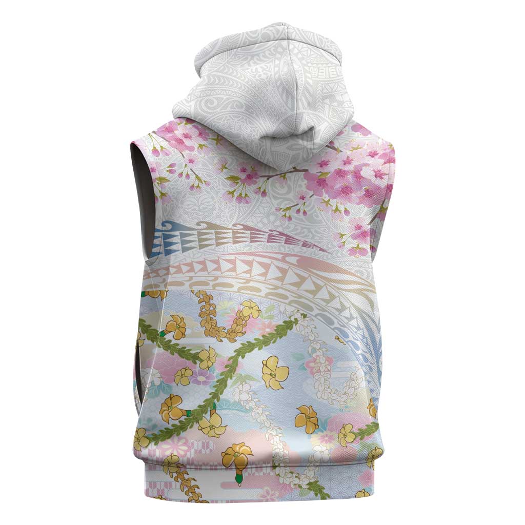 Hawaiian and Japanese Culture Together Sleeveless Zip Hoodie Tribal Motifs with Lei and Japanese Sakura Pattern