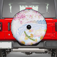 Hawaiian and Japanese Culture Together Spare Tire Cover Tribal Motifs with Lei and Japanese Sakura Pattern