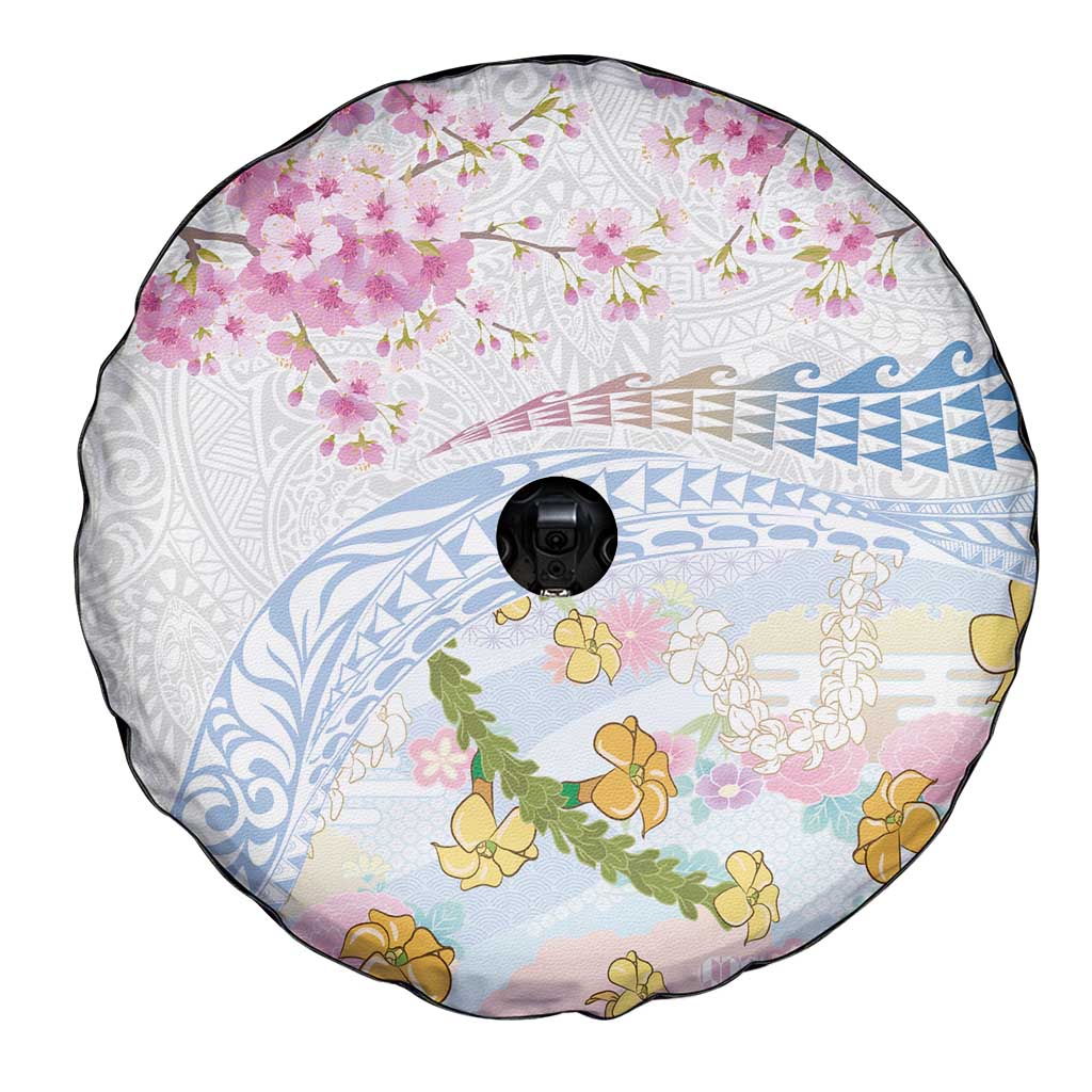 Hawaiian and Japanese Culture Together Spare Tire Cover Tribal Motifs with Lei and Japanese Sakura Pattern