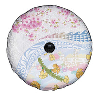 Hawaiian and Japanese Culture Together Spare Tire Cover Tribal Motifs with Lei and Japanese Sakura Pattern