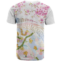 Hawaiian and Japanese Culture Together T Shirt Tribal Motifs with Lei and Japanese Sakura Pattern
