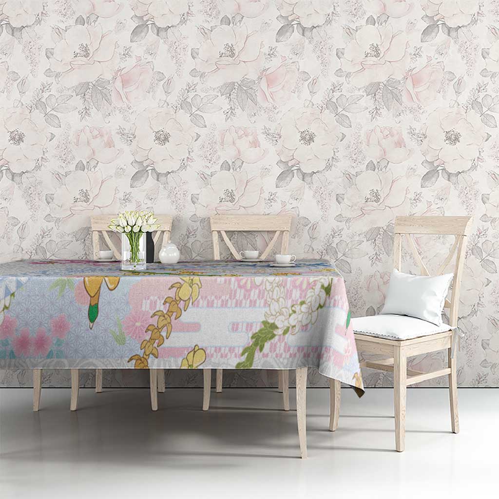 Hawaiian and Japanese Culture Together Tablecloth Tribal Motifs with Lei and Japanese Sakura Pattern