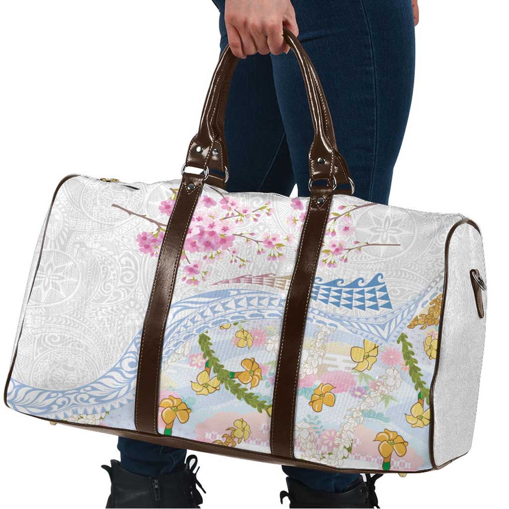Hawaiian and Japanese Culture Together Travel Bag Tribal Motifs with Lei and Japanese Sakura Pattern