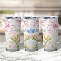 Hawaiian and Japanese Culture Together Tumbler Cup Tribal Motifs with Lei and Japanese Sakura Pattern