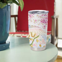 Hawaiian and Japanese Culture Together Tumbler Cup Tribal Motifs with Lei and Japanese Sakura Pattern