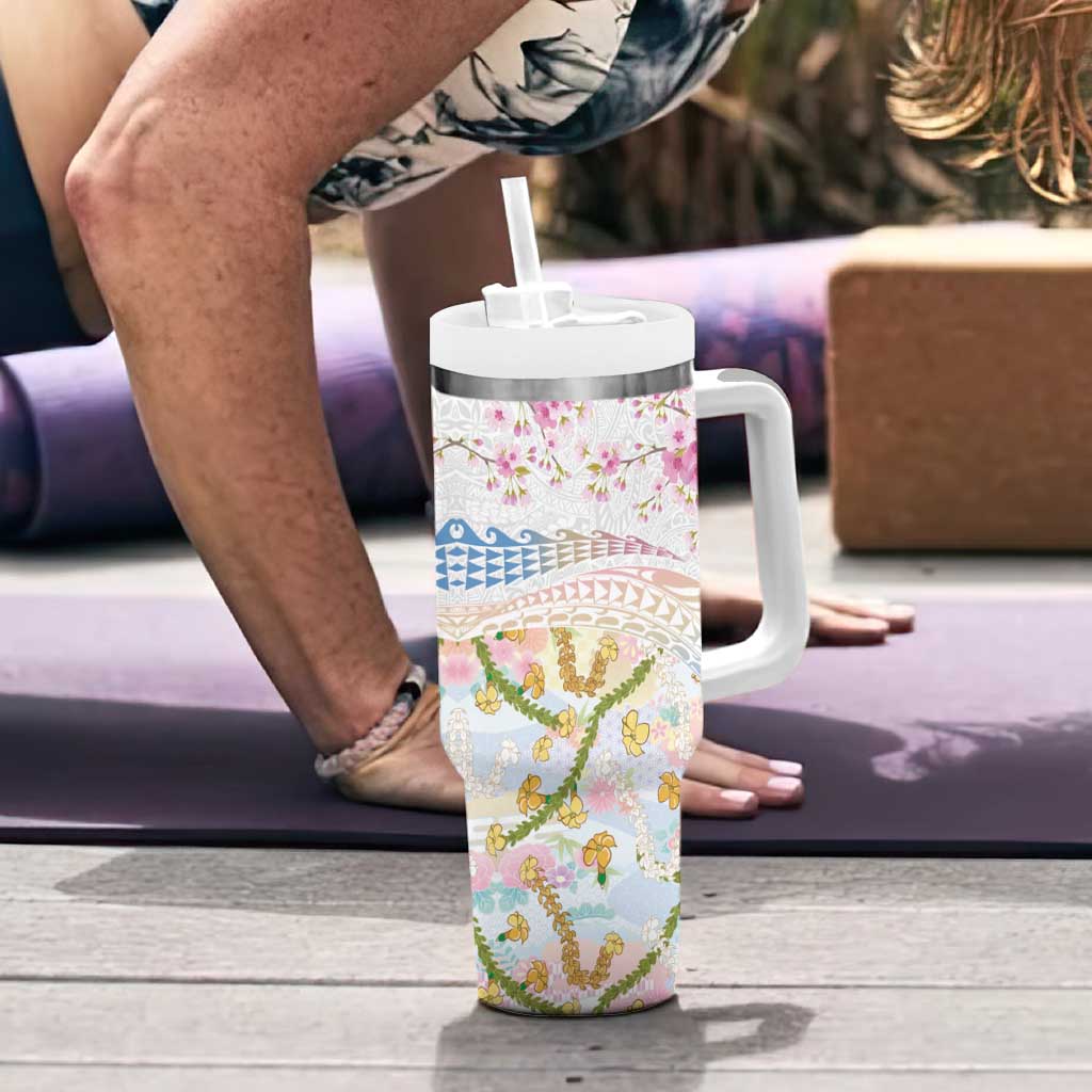 Hawaiian and Japanese Culture Together Tumbler With Handle Tribal Motifs with Lei and Japanese Sakura Pattern