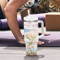 Hawaiian and Japanese Culture Together Tumbler With Handle Tribal Motifs with Lei and Japanese Sakura Pattern