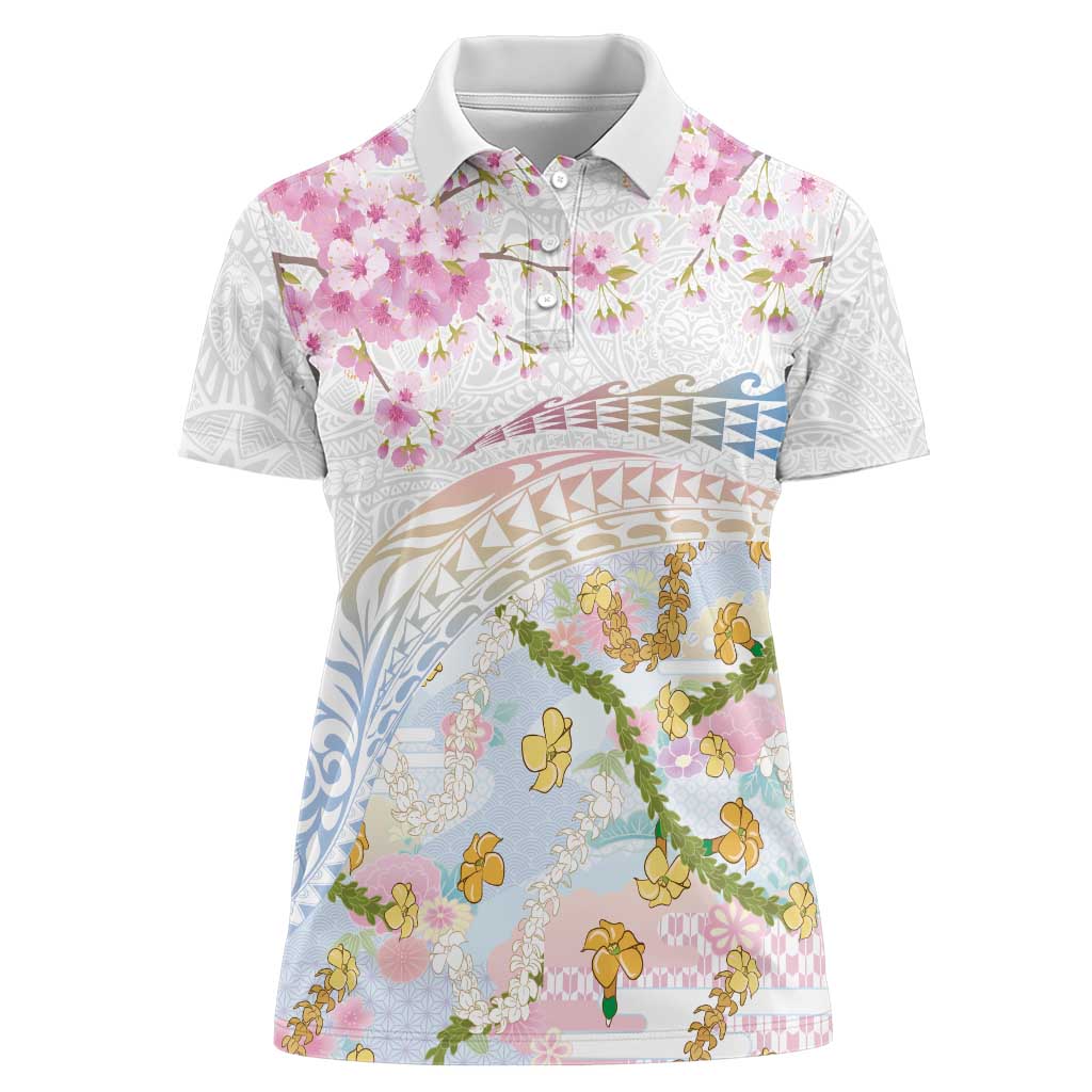 Hawaiian and Japanese Culture Together Women Polo Shirt Tribal Motifs with Lei and Japanese Sakura Pattern