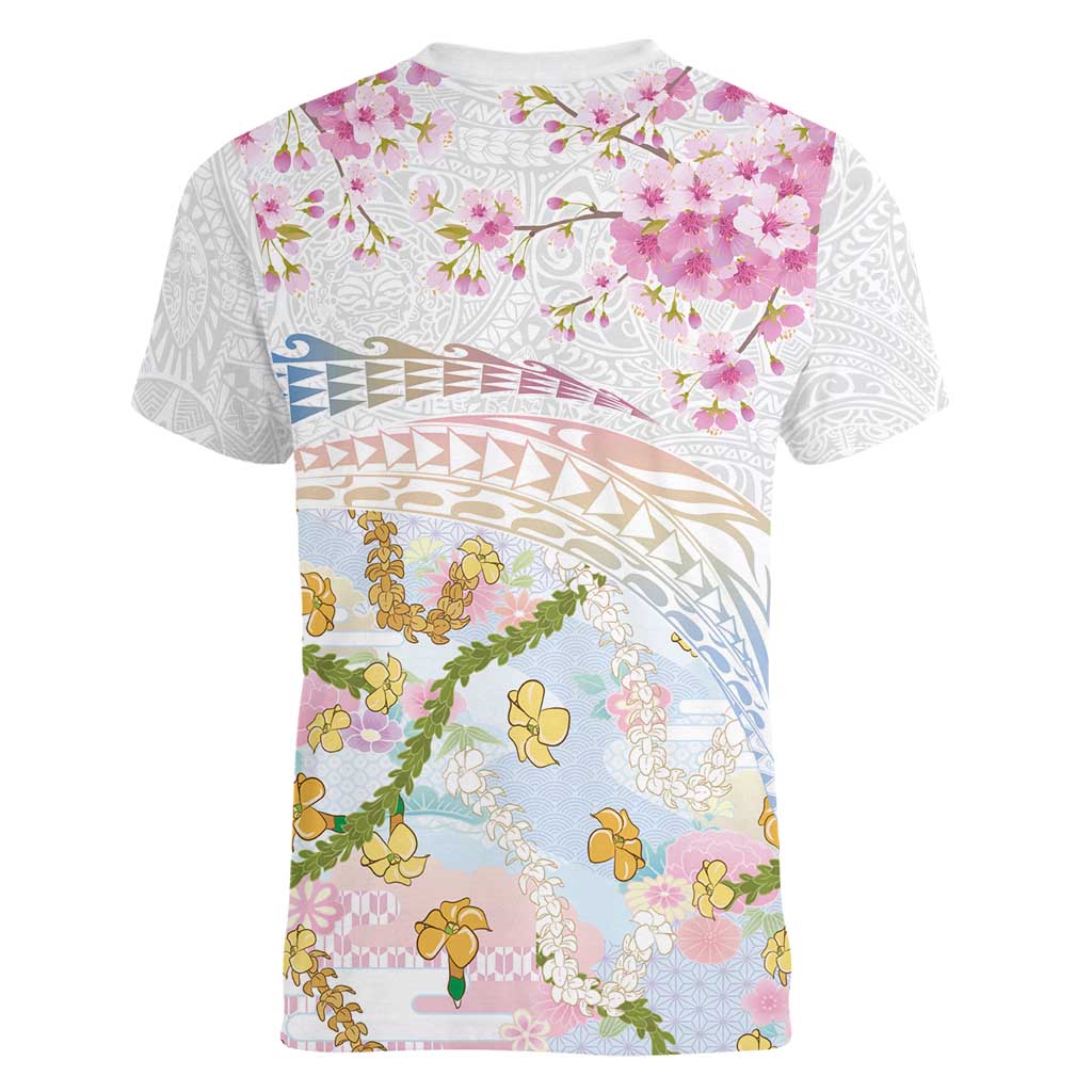 Hawaiian and Japanese Culture Together Women V-Neck T-Shirt Tribal Motifs with Lei and Japanese Sakura Pattern