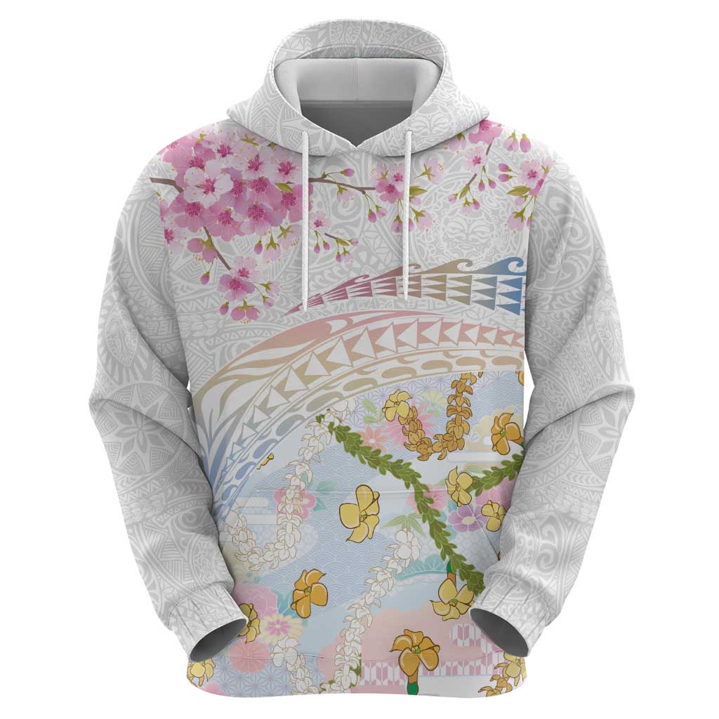 Hawaiian and Japanese Culture Together Zip Hoodie Tribal Motifs with Lei and Japanese Sakura Pattern