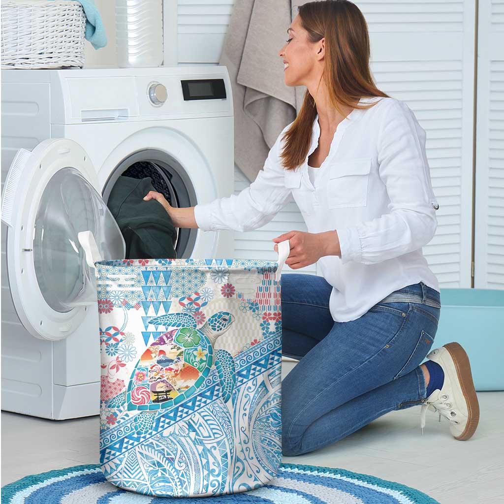 Hawaiian and Japanese Culture Together Laundry Basket Tropical Honu with Japanese Elements Blue Color