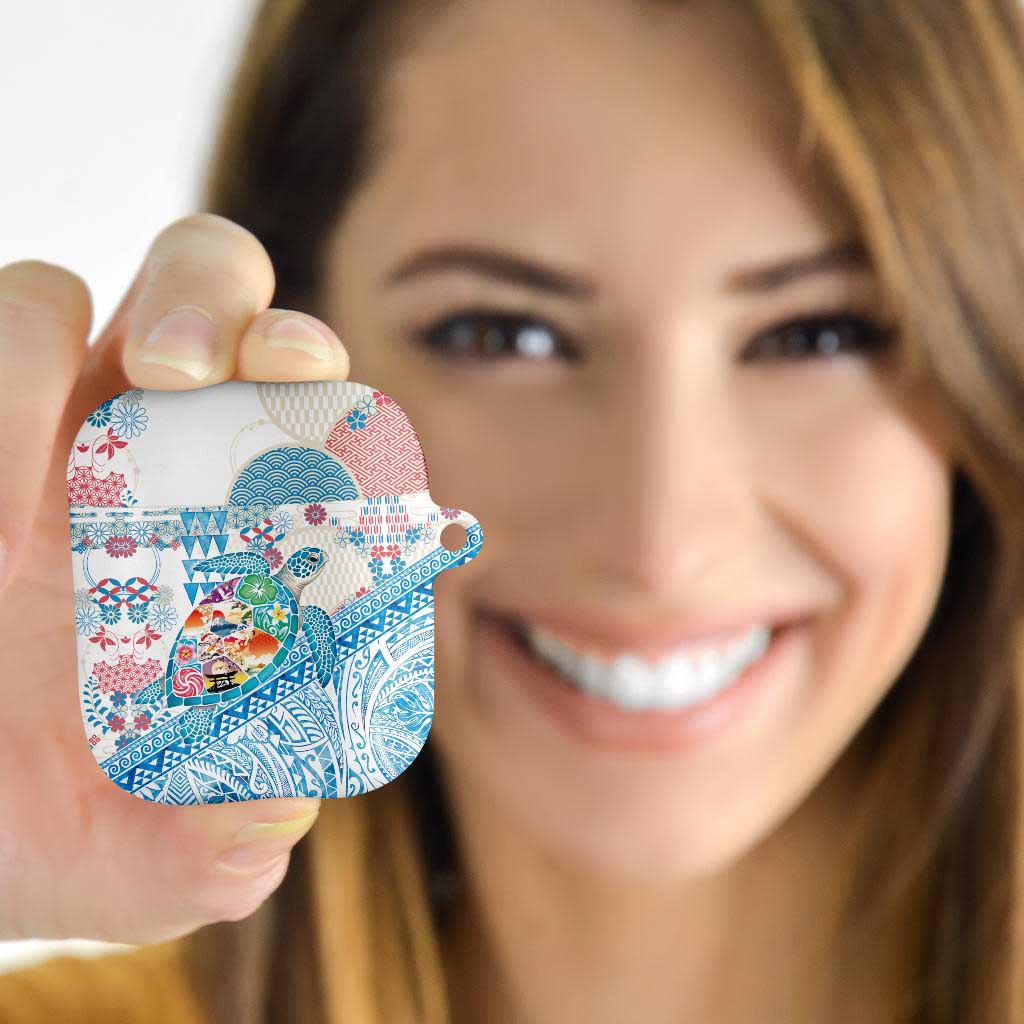 Hawaiian and Japanese Culture Together AirPods Case Tropical Honu with Japanese Elements Blue Color