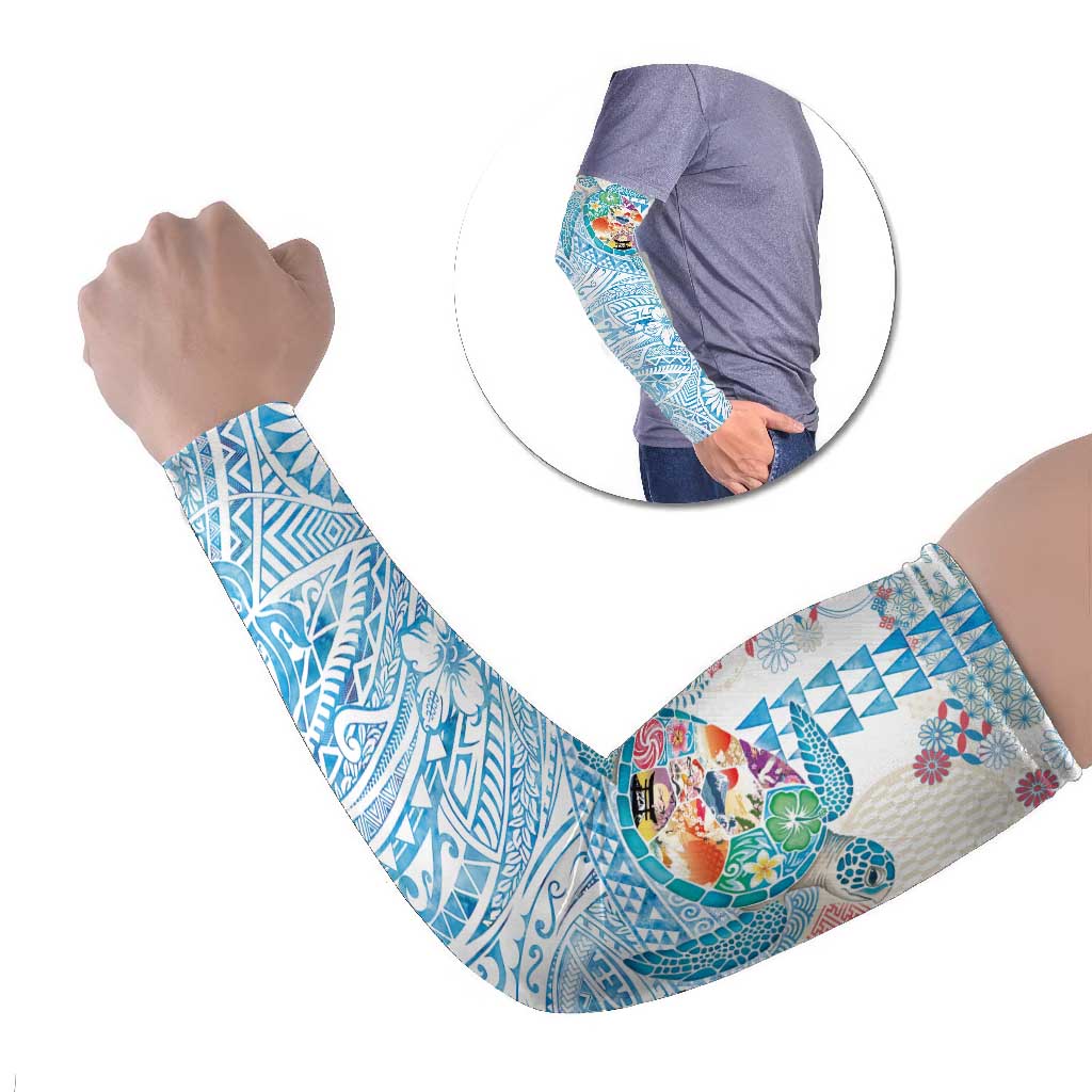 Hawaiian and Japanese Culture Together Arm Sleeves Tropical Honu with Japanese Elements Blue Color