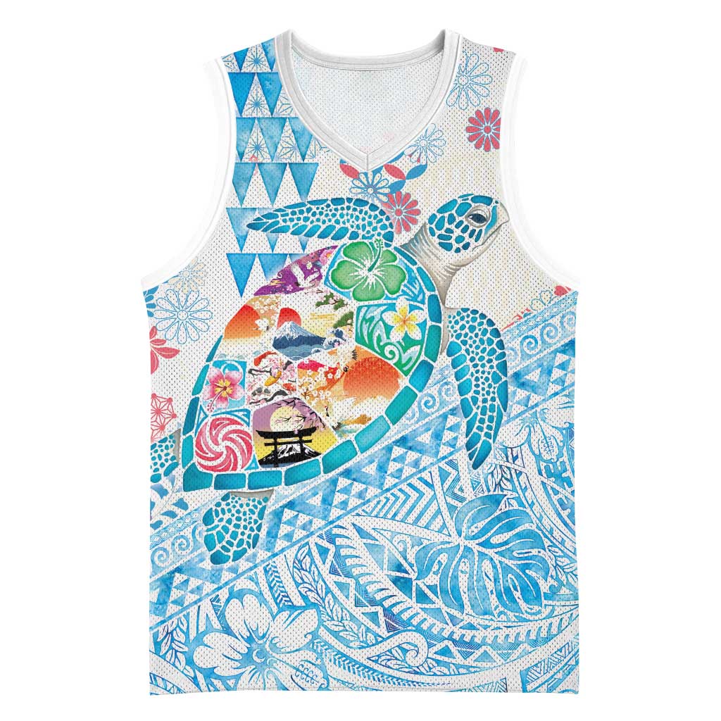 Hawaiian and Japanese Culture Together Basketball Jersey Tropical Honu with Japanese Elements Blue Color