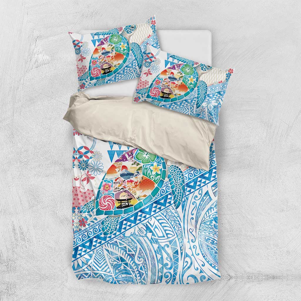 Hawaiian and Japanese Culture Together Bedding Set Tropical Honu with Japanese Elements Blue Color