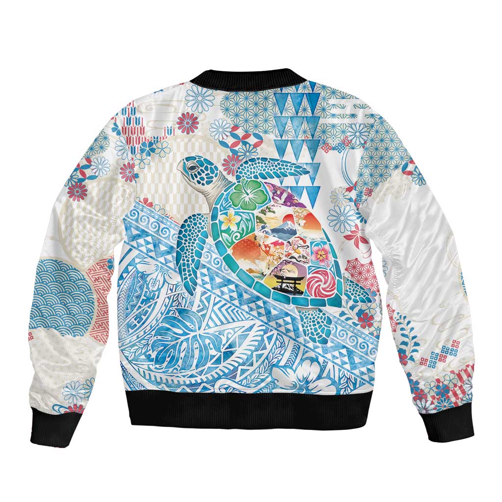 Hawaiian and Japanese Culture Together Bomber Jacket Tropical Honu with Japanese Elements Blue Color