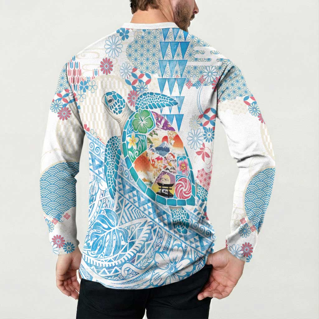 Hawaiian and Japanese Culture Together Button Sweatshirt Tropical Honu with Japanese Elements Blue Color