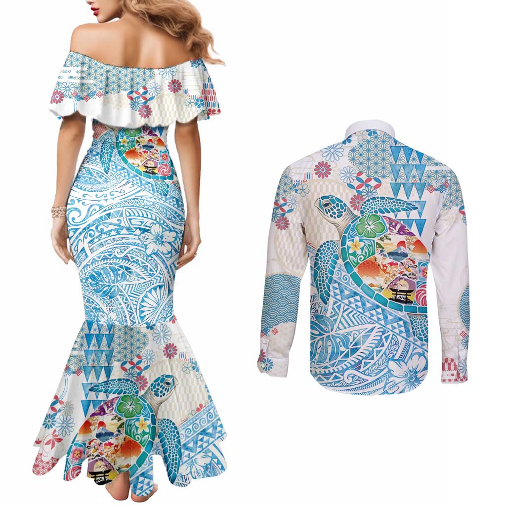 Hawaiian and Japanese Culture Together Couples Matching Mermaid Dress and Long Sleeve Button Shirt Tropical Honu with Japanese Elements Blue Color