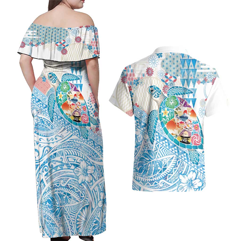 Hawaiian and Japanese Culture Together Couples Matching Off Shoulder Maxi Dress and Hawaiian Shirt Tropical Honu with Japanese Elements Blue Color