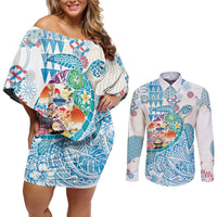 Hawaiian and Japanese Culture Together Couples Matching Off Shoulder Short Dress and Long Sleeve Button Shirt Tropical Honu with Japanese Elements Blue Color