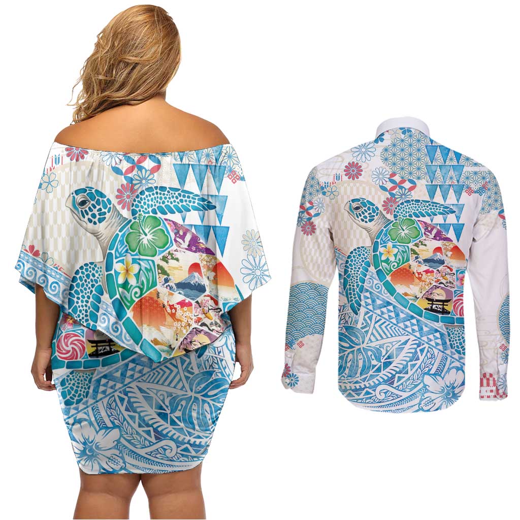 Hawaiian and Japanese Culture Together Couples Matching Off Shoulder Short Dress and Long Sleeve Button Shirt Tropical Honu with Japanese Elements Blue Color