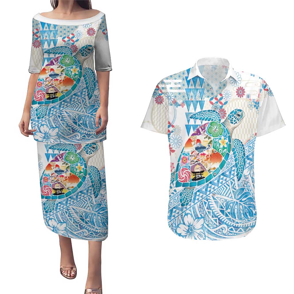 Hawaiian and Japanese Culture Together Couples Matching Puletasi and Hawaiian Shirt Tropical Honu with Japanese Elements Blue Color