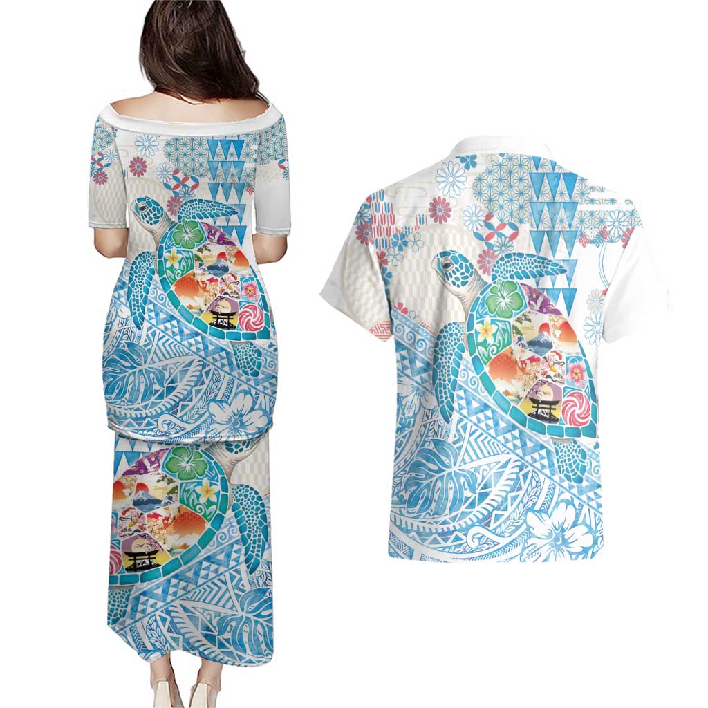 Hawaiian and Japanese Culture Together Couples Matching Puletasi and Hawaiian Shirt Tropical Honu with Japanese Elements Blue Color