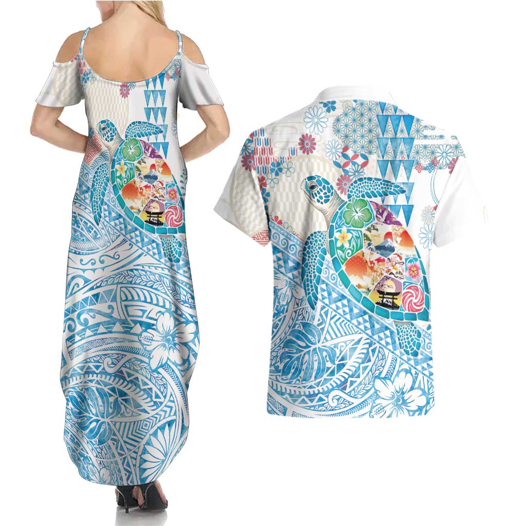 Hawaiian and Japanese Culture Together Couples Matching Summer Maxi Dress and Hawaiian Shirt Tropical Honu with Japanese Elements Blue Color