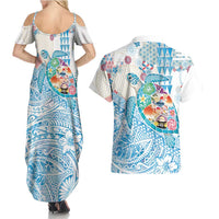 Hawaiian and Japanese Culture Together Couples Matching Summer Maxi Dress and Hawaiian Shirt Tropical Honu with Japanese Elements Blue Color