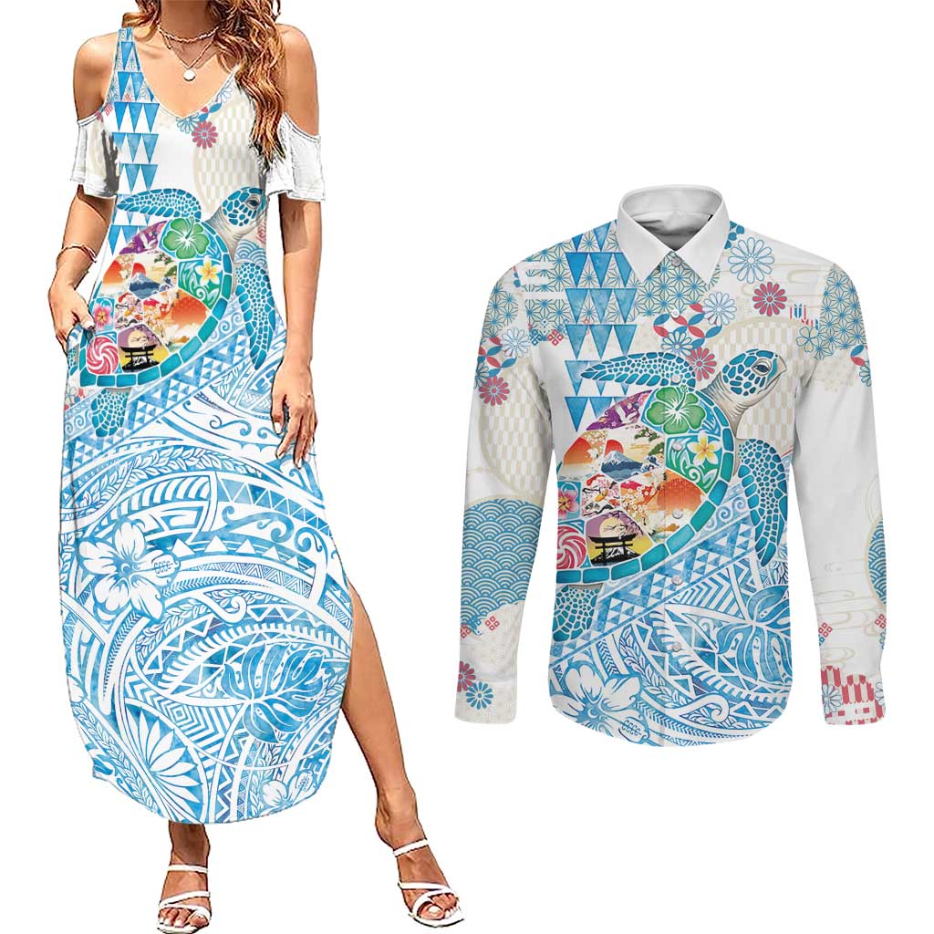 Hawaiian and Japanese Culture Together Couples Matching Summer Maxi Dress and Long Sleeve Button Shirt Tropical Honu with Japanese Elements Blue Color