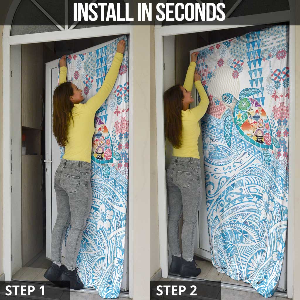Hawaiian and Japanese Culture Together Door Cover Tropical Honu with Japanese Elements Blue Color