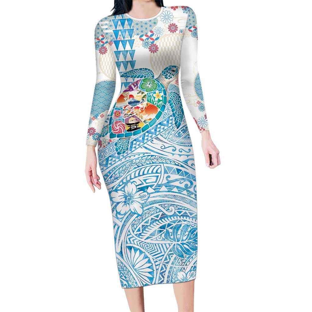 Hawaiian and Japanese Culture Together Family Matching Long Sleeve Bodycon Dress and Hawaiian Shirt Tropical Honu with Japanese Elements Blue Color