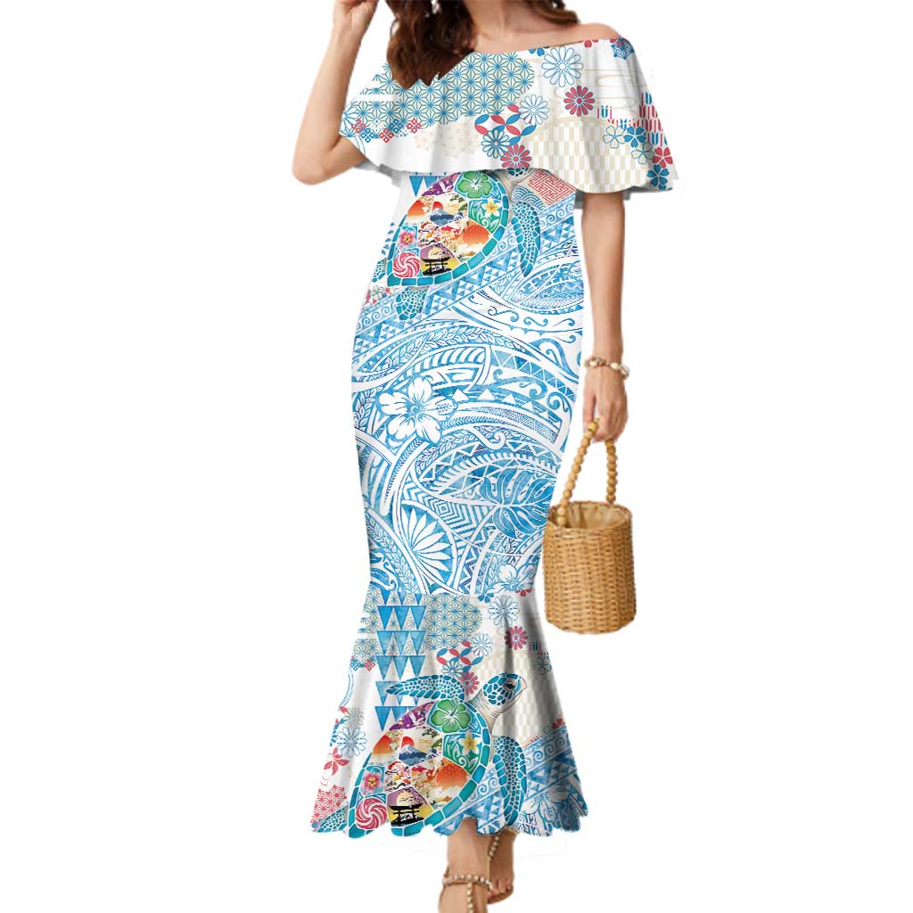 Hawaiian and Japanese Culture Together Family Matching Mermaid Dress and Hawaiian Shirt Tropical Honu with Japanese Elements Blue Color