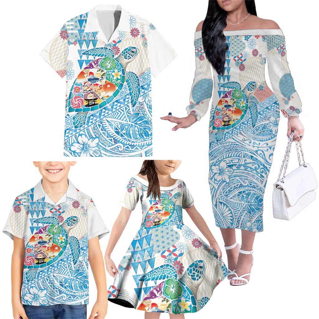Hawaiian and Japanese Culture Together Family Matching Off The Shoulder Long Sleeve Dress and Hawaiian Shirt Tropical Honu with Japanese Elements Blue Color