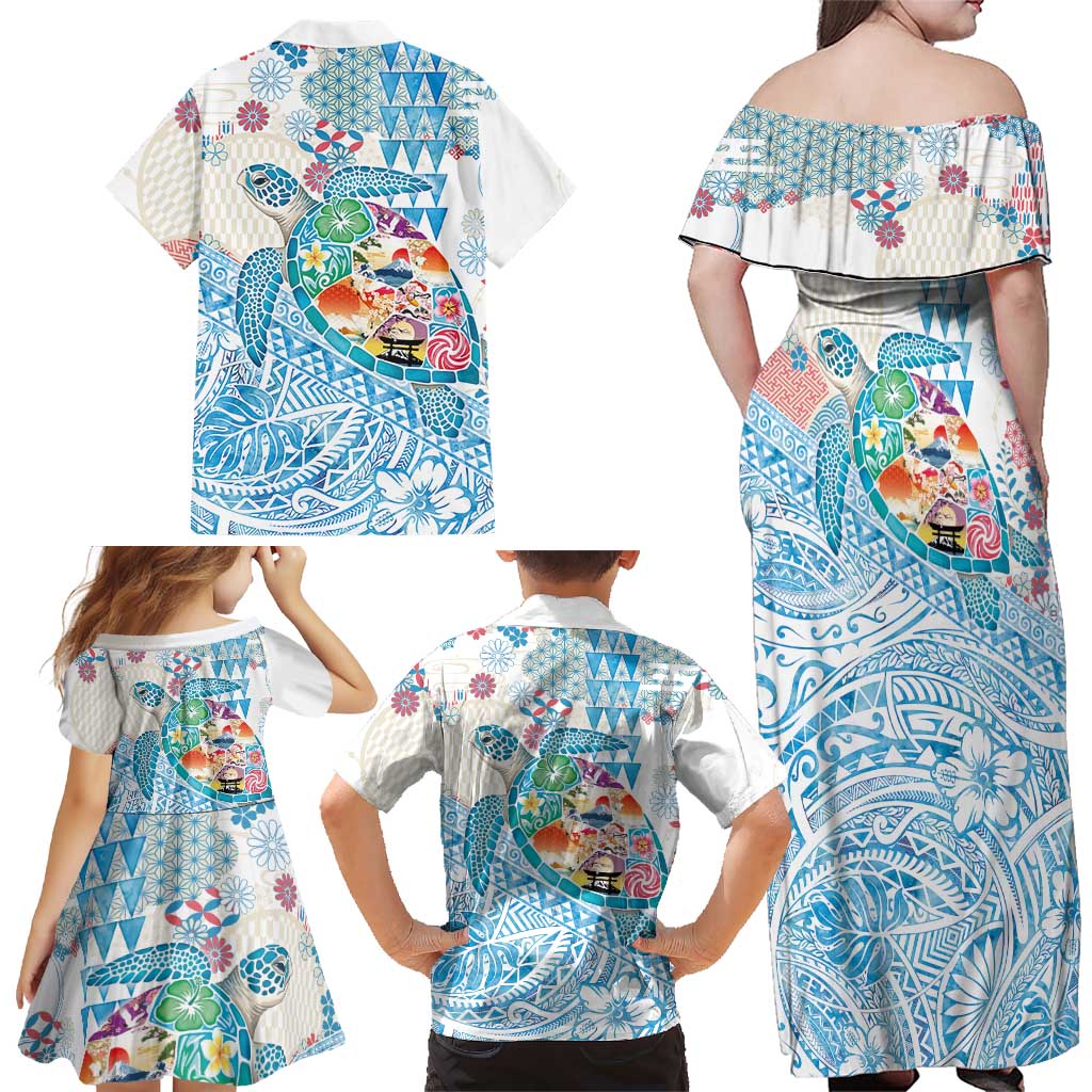 Hawaiian and Japanese Culture Together Family Matching Off Shoulder Maxi Dress and Hawaiian Shirt Tropical Honu with Japanese Elements Blue Color