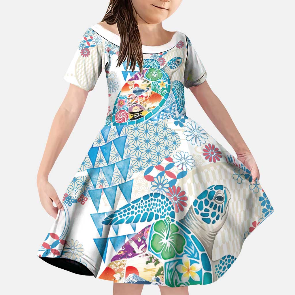 Hawaiian and Japanese Culture Together Family Matching Puletasi and Hawaiian Shirt Tropical Honu with Japanese Elements Blue Color LT03 Daughter's Dress Blue - Polynesian Pride