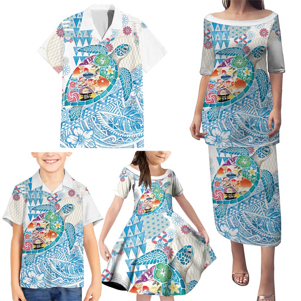 Hawaiian and Japanese Culture Together Family Matching Puletasi and Hawaiian Shirt Tropical Honu with Japanese Elements Blue Color LT03 - Polynesian Pride