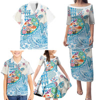 Hawaiian and Japanese Culture Together Family Matching Puletasi and Hawaiian Shirt Tropical Honu with Japanese Elements Blue Color LT03 - Polynesian Pride