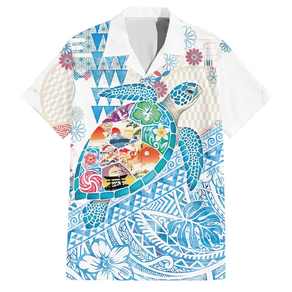 Hawaiian and Japanese Culture Together Family Matching Puletasi and Hawaiian Shirt Tropical Honu with Japanese Elements Blue Color LT03 Dad's Shirt - Short Sleeve Blue - Polynesian Pride