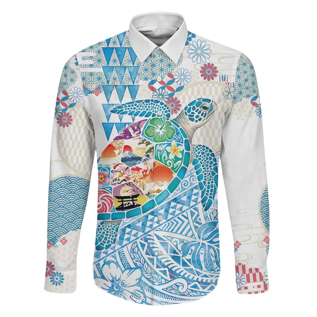 Hawaiian and Japanese Culture Together Family Matching Puletasi and Hawaiian Shirt Tropical Honu with Japanese Elements Blue Color LT03 Dad's Shirt - Long Sleeve Blue - Polynesian Pride