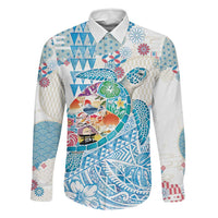 Hawaiian and Japanese Culture Together Family Matching Puletasi and Hawaiian Shirt Tropical Honu with Japanese Elements Blue Color LT03 Dad's Shirt - Long Sleeve Blue - Polynesian Pride