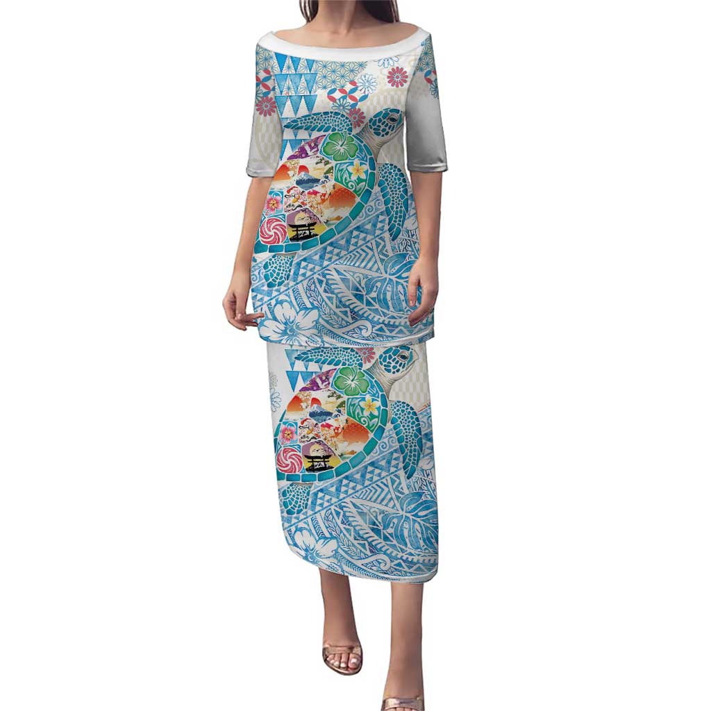 Hawaiian and Japanese Culture Together Family Matching Puletasi and Hawaiian Shirt Tropical Honu with Japanese Elements Blue Color LT03 Mom's Dress Blue - Polynesian Pride