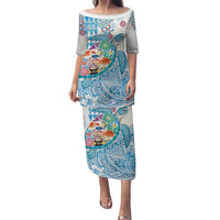 Hawaiian and Japanese Culture Together Family Matching Puletasi and Hawaiian Shirt Tropical Honu with Japanese Elements Blue Color LT03 Mom's Dress Blue - Polynesian Pride