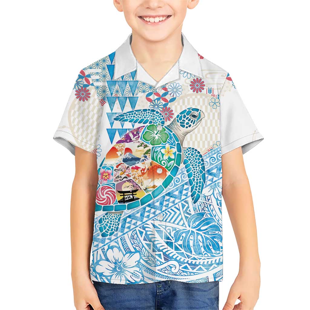 Hawaiian and Japanese Culture Together Family Matching Puletasi and Hawaiian Shirt Tropical Honu with Japanese Elements Blue Color LT03 Son's Shirt Blue - Polynesian Pride