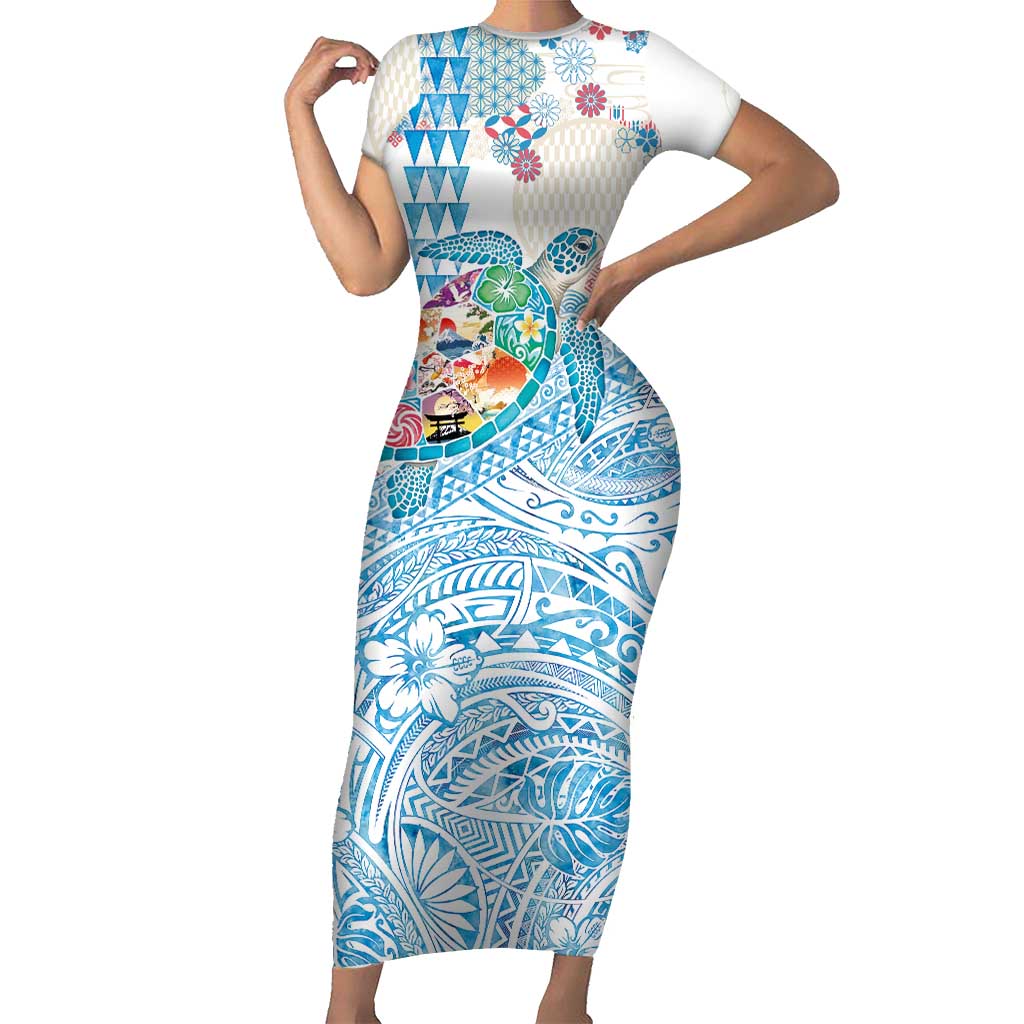 Hawaiian and Japanese Culture Together Family Matching Short Sleeve Bodycon Dress and Hawaiian Shirt Tropical Honu with Japanese Elements Blue Color