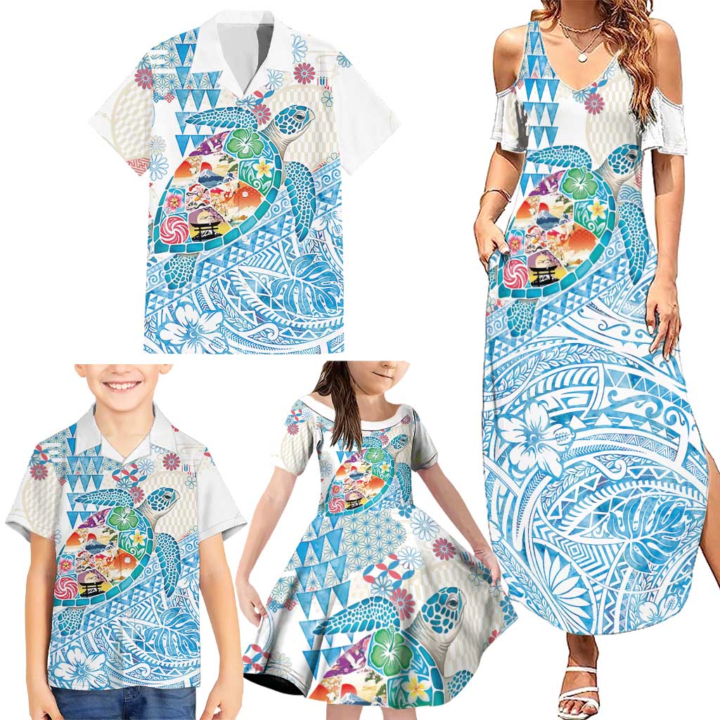 Hawaiian and Japanese Culture Together Family Matching Summer Maxi Dress and Hawaiian Shirt Tropical Honu with Japanese Elements Blue Color