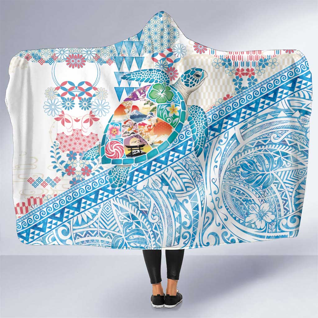 Hawaiian and Japanese Culture Together Hooded Blanket Tropical Honu with Japanese Elements Blue Color LT03 One Size Blue - Polynesian Pride