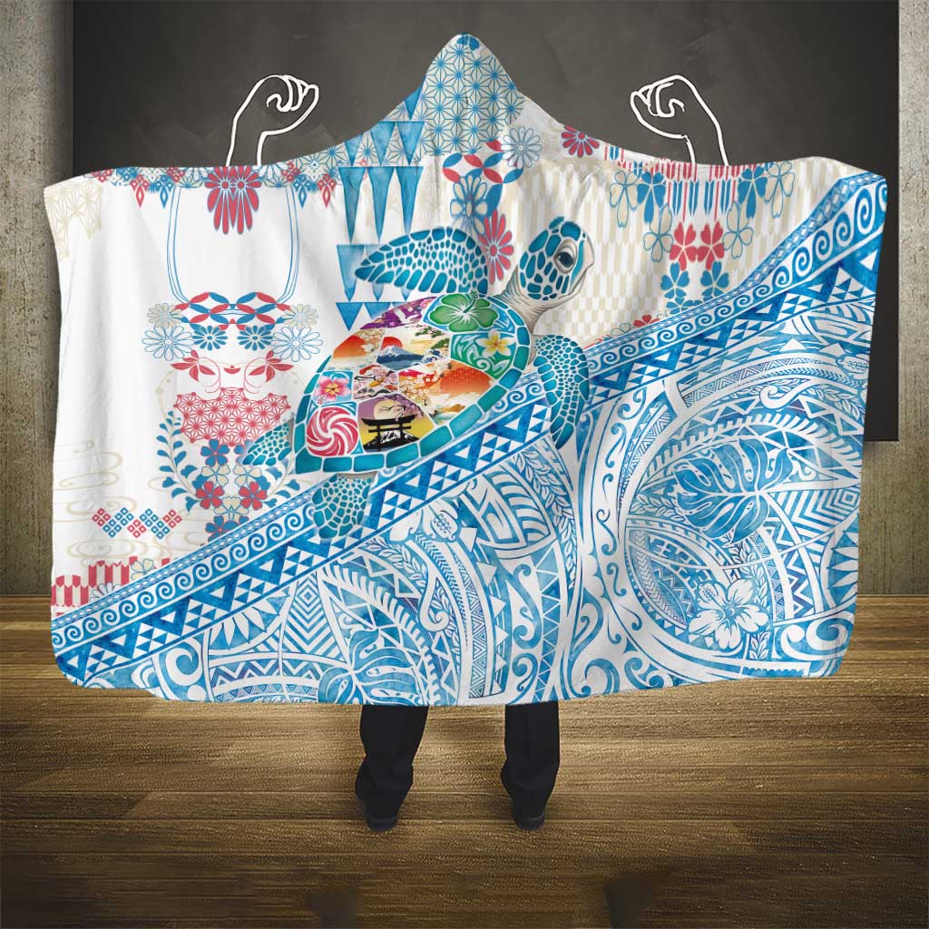 Hawaiian and Japanese Culture Together Hooded Blanket Tropical Honu with Japanese Elements Blue Color LT03 - Polynesian Pride