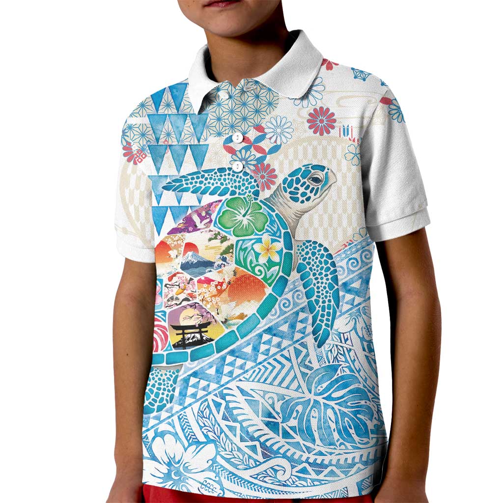 Hawaiian and Japanese Culture Together Kid Polo Shirt Tropical Honu with Japanese Elements Blue Color